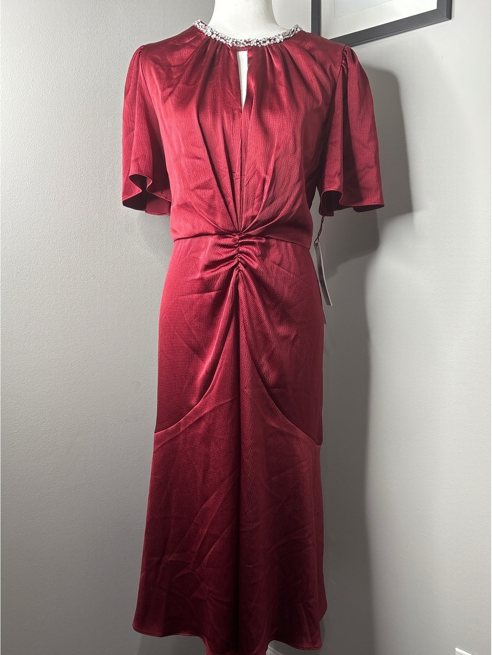 London Times Burgundy Midi Dress with Embellished Neckline Size 16